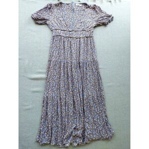 Showpo‎ Dress Womens 8 Blue Floral Maxi Tiered Puff Sleeve Boho Rayon V-Neck